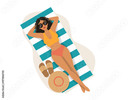 A woman sunbathing by the beach on summer vacation