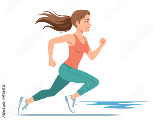 A woman is running, with focused and healthy lifestyle. She is wearing sportswear and sneakers, and her hair is flowing