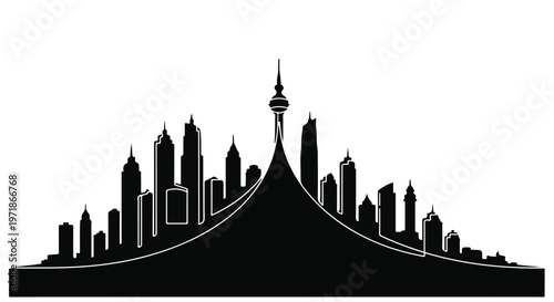 Black silhouette of a modern city skyline with a prominent central tower reaching towards the sky.