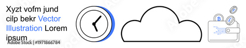 Financial services, time management, digital storage, cryptocurrency, blockchain security, business solutions. Minimal design with a clock, cloud and wallet symbols. Cryptocurrency and time