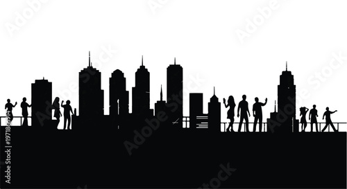 Silhouettes of diverse people stand on a dark horizontal line against a white background, with a city skyline depicted behind them.