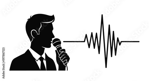 A man in a suit speaks into a microphone, with a sound wave graphic emanating from him, signifying communication or performance.