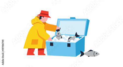 Man in yellow coat fishing.