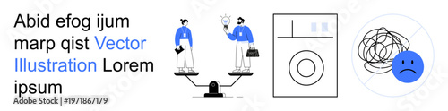Corporate decisions, employee workload, mental health, work evaluation, emotional stress, productivity management. Two workers on a scale, abstract laundry graphic, sad faced tangled doodle