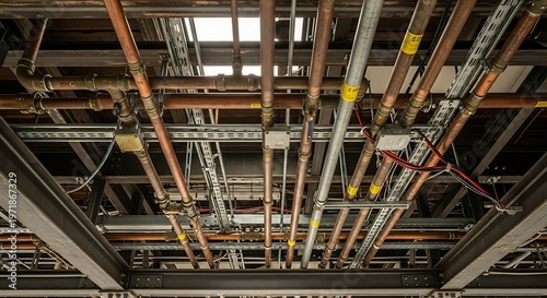 Industrial ceiling infrastructure pipes and conduit system in a modern building