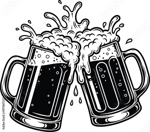 Two mugs of beer clinking together in a celebratory toast with frothy overflow. Vector