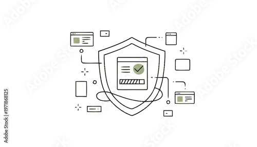 Digital Security Shield with Connected Devices Line Art Illustration.