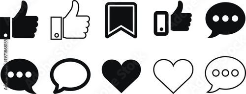 Social media icons silhouette likes comments hearts and communication symbols
