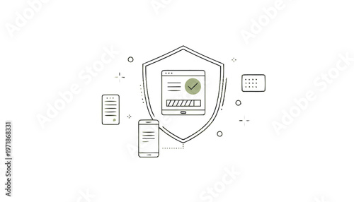 Digital Security Shield with Devices and Checkmark Illustration.