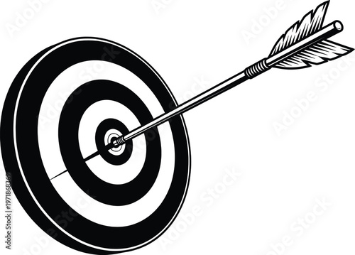 A classic illustration of an arrow hitting the bullseye of a target. Vector