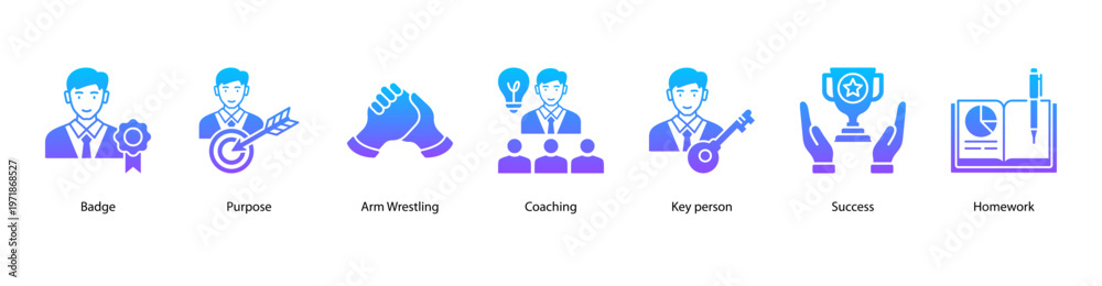 Fototapeta premium Leadership Coaching web banner icon vector illustration featuring Badge, Purpose, Arm Wrestling, Coaching, Key person, Success, and Homework for team and personal growth.
