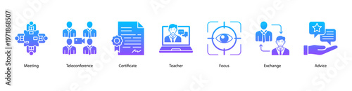 Team Collaboration web banner icon vector illustration featuring Meeting, Teleconference, Certificate, Teacher, Focus, Exchange, and Advice for workplace productivity.