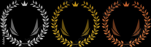 高級感あふれる王冠と月桂樹のエンブレムセット（金銀銅カラーの受賞・ランキング・表彰を象徴するラグジュアリーフレーム素材）
