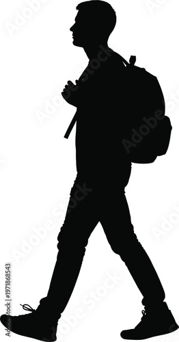 Silhouette of a person walking with a backpack and holding a walking stick Vector