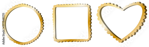 高級感のあるゴールドカラーの装飾フレームセット・円形と四角形とハート型のエレガントなデザイン枠コレクション