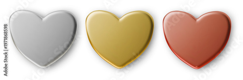 銀・金・銅のハート型メダルセット｜愛・感謝・ランキング表現に使える可愛い高級質感アイコン素材