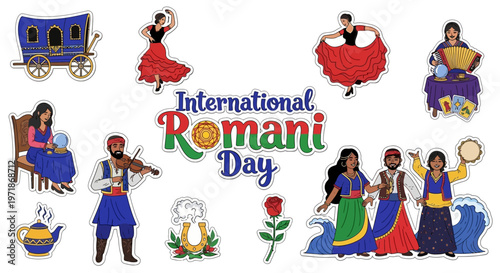 Vector illustration celebrating International Romani Day with colorful depictions of Romani people, music, dance, and cultural symbols on a white background.