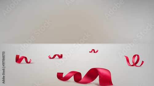 ミニマルな空間に浮かぶ立体的な赤いリボン装飾の抽象背景デザイン、上品で高級感のあるギフトやセレブレーションをイメージした3Dビジュアル素材