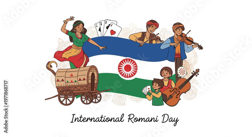 Illustration of people celebrating International Romani Day with traditional music and dance against a colorful flag background.