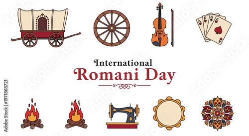 Fotografie Vector illustrations celebrating International Romani Day with traditional symbols and objects representing Roma culture and heritage on a white background