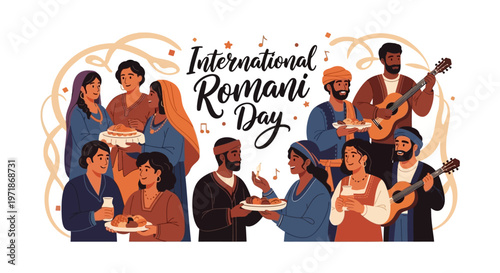 Illustration of diverse Romani people celebrating International Romani Day with music and dance, showcasing cultural diversity and heritage awareness.