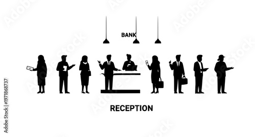 Inclusive Diverse People Queue at Bank Reception Illustrating Everyday Financial Activities in Clean Flat Design