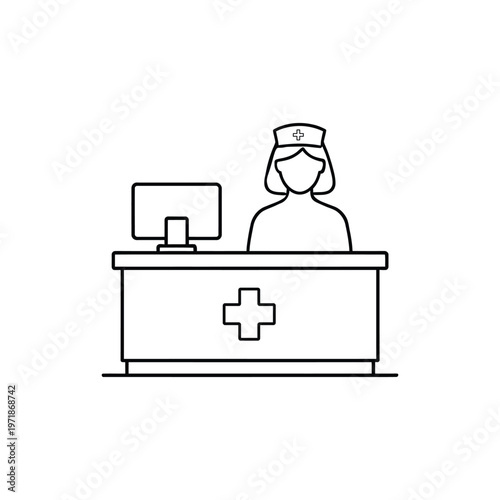 Hospital reception desk icon with nurse and computer, medical front desk service outline vector