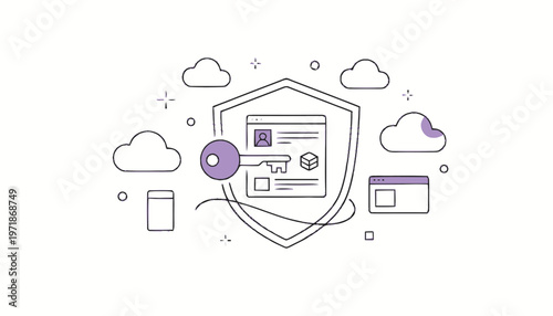 Digital Security Shield with Key and Cloud Illustration.