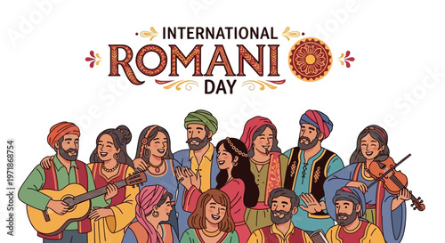 Illustration of diverse Romani people celebrating International Romani Day with traditional music and dance, showcasing cultural diversity and heritage awareness.