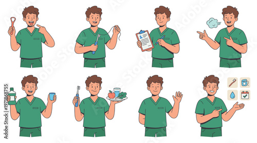 Medical Character Set Illustrating Dental Healthcare Poses and Oral Care Activities Collection