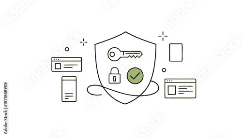 Digital Security Shield with Key and Padlock Illustration.