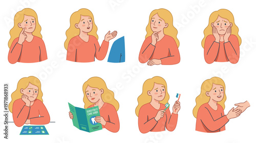 Female Character Set Illustrating Dental Care and Healthcare Medical Poses and Activities Collection