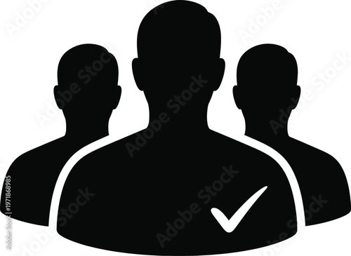 Three silhouetted figures with one marked by a check symbol on the right Vector