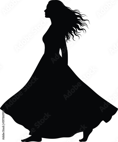 Elegant silhouette of a woman in a flowing gown with flowing hair Vector