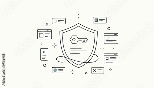 Digital Security Shield with Key and Website Icons Illustration.