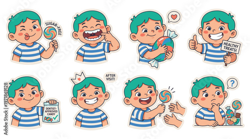 Cute Cartoon Boys Character Set Illustrating Dental Care and Healthy Habits with Sweet Treats Poses and Activities for Kids Healthcare