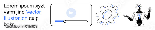Artificial intelligence, technology, multimedia, automation, machine learning, technological interface. A robot, gear and video playback icon. Artificial intelligence and technology concepts