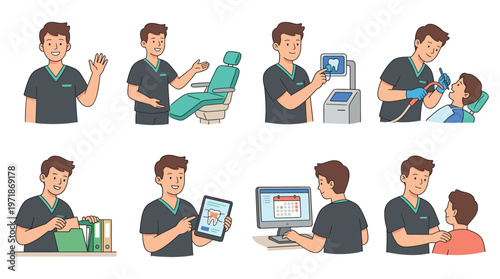 A diverse character set illustrating various dental care and healthcare medical poses and activities collections for modern clinic services