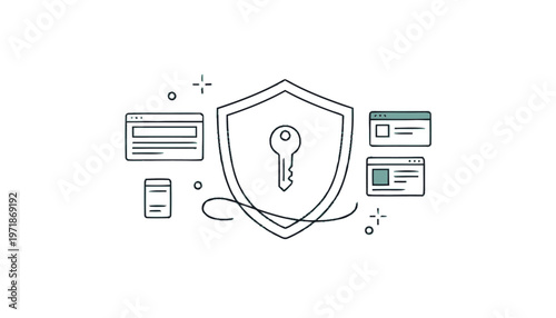 Digital Security Shield with Key and Website Icons Illustration.