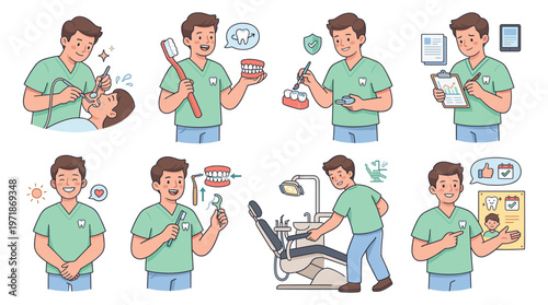 Dental Care Healthcare Character Set Dentist Poses and Activities Collection for Medical Illustrations