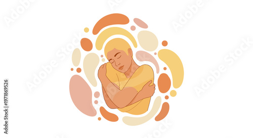 A stylized vector illustration of a person embracing themself with eyes closed, set against a white background surrounded by organic shapes in warm pastel colors, conveying self health