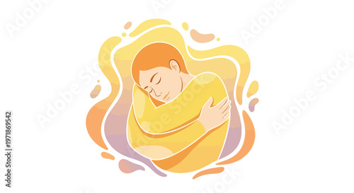 A vector illustration shows a person embracing themself, representing self health and mental well-being, with a calming yellow color palette and a simple composition against a clean white