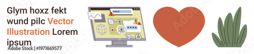 Internet safety, digital threats, online security, encrypted communication, love, eco-awareness. Computer screen with icons, red heart and plant. Internet safety and digital threats concept