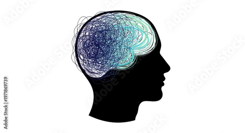 Vector illustration depicting a person's silhouette with a tangled, chaotic mind representing burnout and the struggle with mental health, set against a clean white background