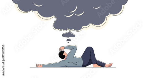 Vector illustration showing a person lying down with a dark cloud overhead, symbolizing burnout and struggles with self health and mental health in real life against a clean white