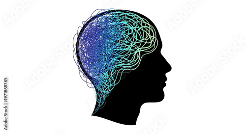Silhouette illustration of a person's head with a complex, interwoven network of colorful lines inside, symbolizing mental health and the intricacies of the human mind against a clean white