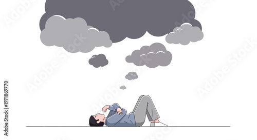 Illustration of a person lying down with dark clouds hovering above, conveying feelings of burnout and mental strain with a minimalist style against a clean white background, highlighting