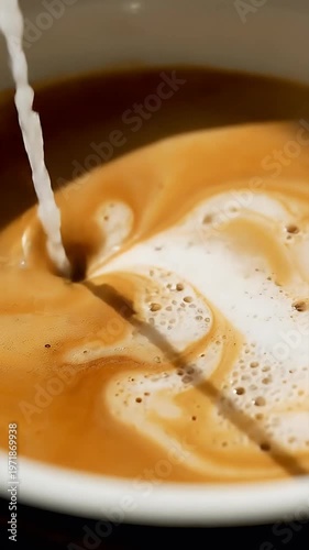 Pouring steamed milk into coffee