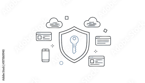 Digital Security Shield with Key Icon.