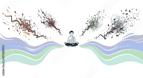 Minimalist vector illustration depicting a meditating person with self health and mental well-being, visualized by flowing blue waves and chaotic bursts representing burnout, set
